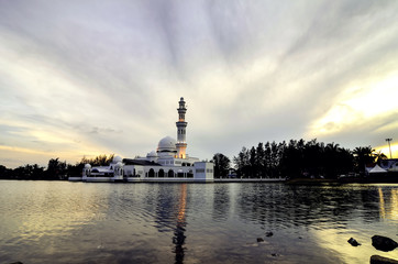 beautiful sunset and reflection of floating Mosque at Terengganu.