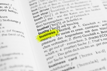 Detail of English word "business" and its German translation from the dictionary