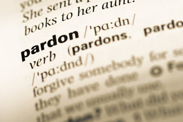 Close up of old English dictionary page with word pardon - obrazy, fototapety, plakaty