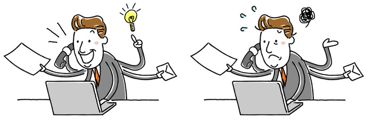 イラスト素材：中年ビジネスマン　マルチタスク　忙しい　パソコン
