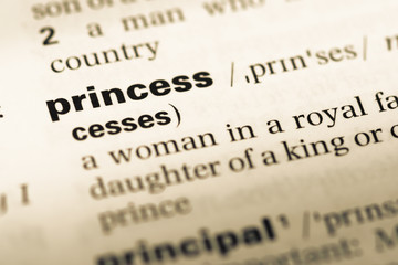 Close up of old English dictionary page with word princess