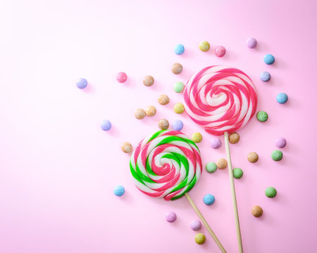 Lollipop on pink background with copy space.,Pastel tone.