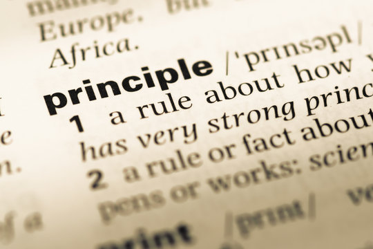Close up of old English dictionary page with word principle