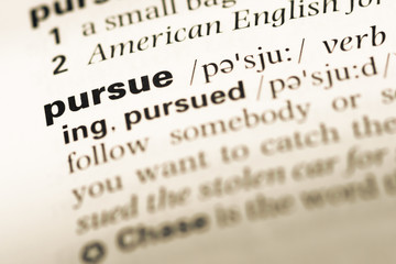 Close up of old English dictionary page with word pursue