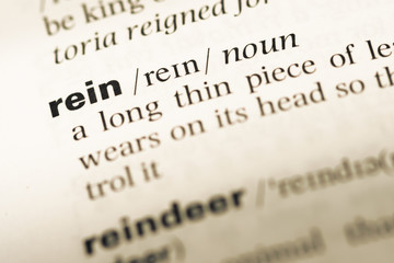 Close up of old English dictionary page with word rein