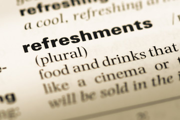 Obraz premium Close up of old English dictionary page with word refreshments