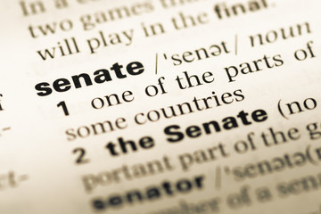 Close up of old English dictionary page with word senate