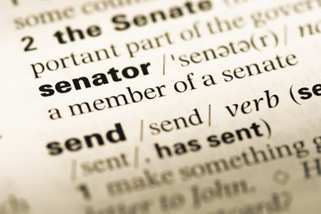 Close up of old English dictionary page with word senator