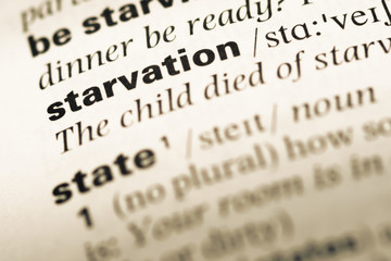 Close up of old English dictionary page with word starvation