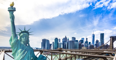 new york cityscape, tourism concept photograph statue of liberty, lower manhattan skyline