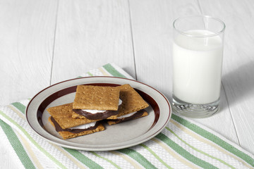 smores on the plate with a glass of milk