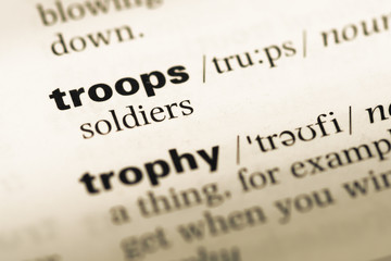 Obraz premium Close up of old English dictionary page with word troops