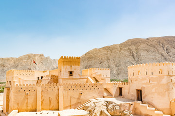 Nakhal Fort in Al Batinah Region, Oman. It is located about 120 km to the west of Muscat. Nakhal Town is known as Town of Oasis.
