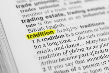 Detail of the English word "tradition" and its definition from dictionary