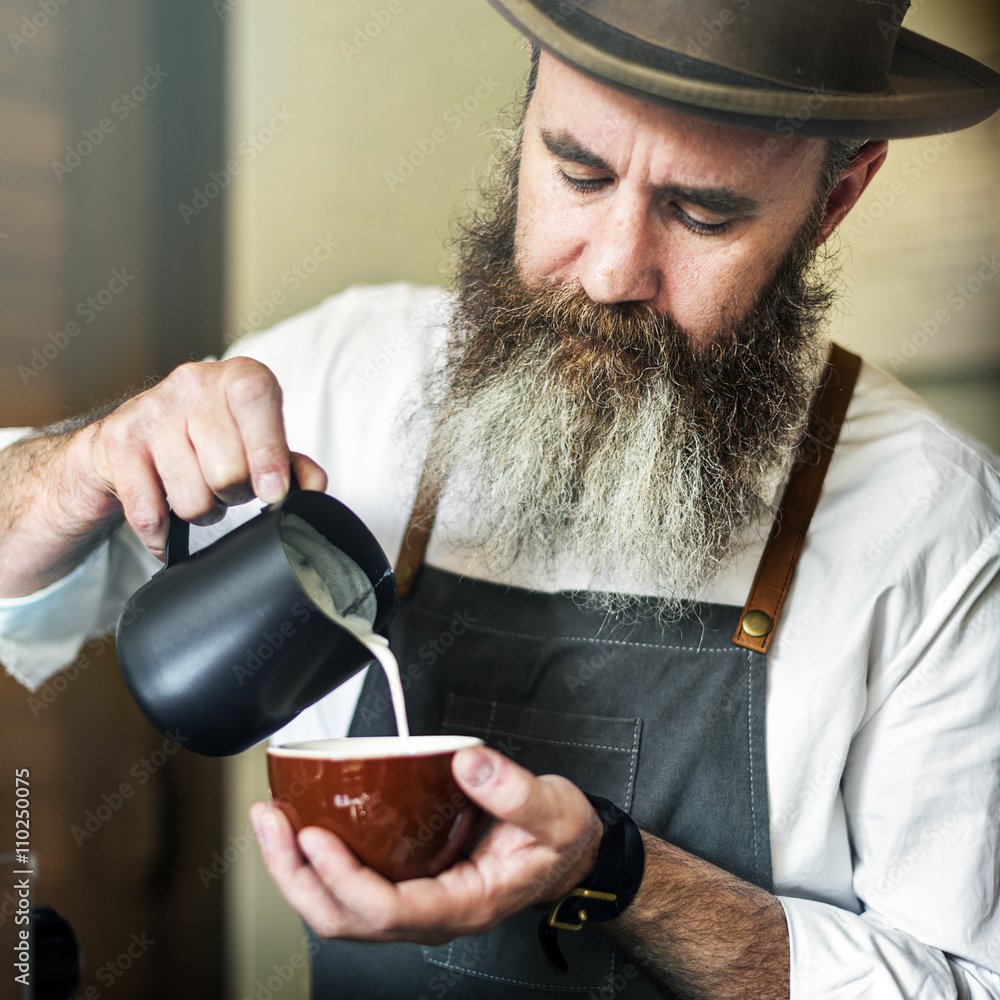 Wall mural barista pouring coffee cafe working startup business concept