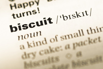 Close up of old English dictionary page with word biscuit