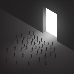 A group of tiny people walking to a gate. Business concept. Isom