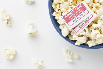 pop corn bowl with movie tickets