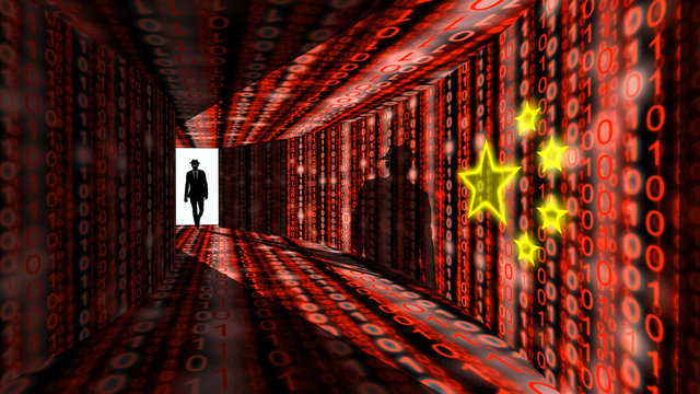 Elite hacker enters information corridor with digital red chines