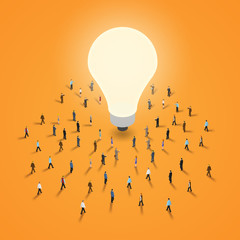 A group of people walking to a light bulb. It 's a brainstorm, inspiration, idea business concept. Isometric illustration vector EPS 10.