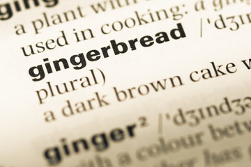 Close up of old English dictionary page with word gingerbread
