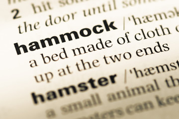 Obraz premium Close up of old English dictionary page with word hammock