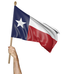Hand proudly waving the state flag of Texas, 3D rendering