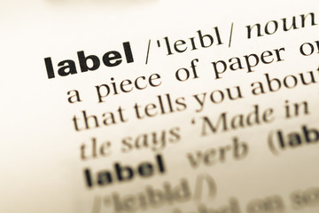 Obraz premium Close up of old English dictionary page with word label