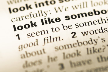 Fototapeta premium Close up of old English dictionary page with word look like