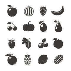 Fruits Black Icons. Different fruits icons on white background. Vector illustration