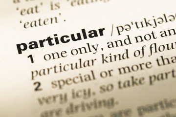 Fototapeta premium Close up of old English dictionary page with word particular