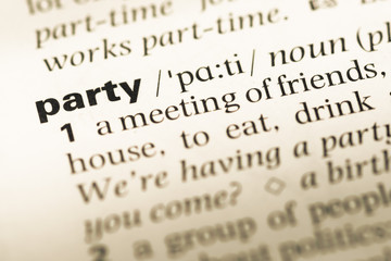 Fototapeta premium Close up of old English dictionary page with word party