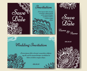 Naklejka premium Set of wedding invitations. Wedding cards template with individual concept. Design for invitation, thank you card, save the date card.