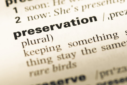 Close up of old English dictionary page with word preservation