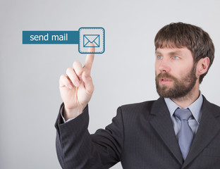 technology, internet and networking concept. man in a black business shirt. woman presses send mail button on virtual screens