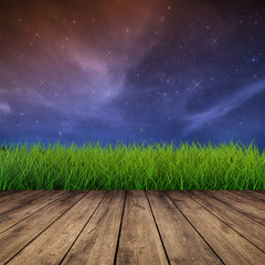 Naklejka na ściany i meble night sky with shiny stars with green grass and wooden floor