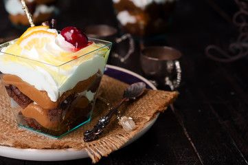 dessert with cream in a glass