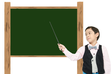 Little boy pretend as professional teacher with greenboard