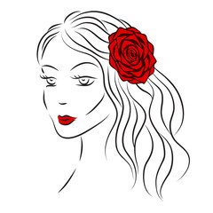The girl with the rose in her hair. T-shirt graphics. Vector illustration.