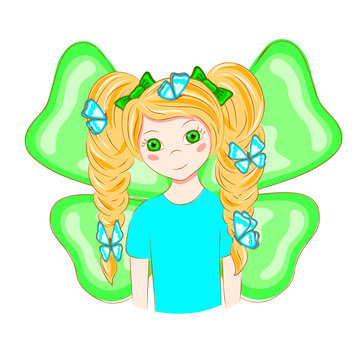 Cartoon girl with butterflies in her hair. The girl with the ponytails. Girl with butterfly wings. Sweet girl. T-shirt graphics. Vector illustration.
