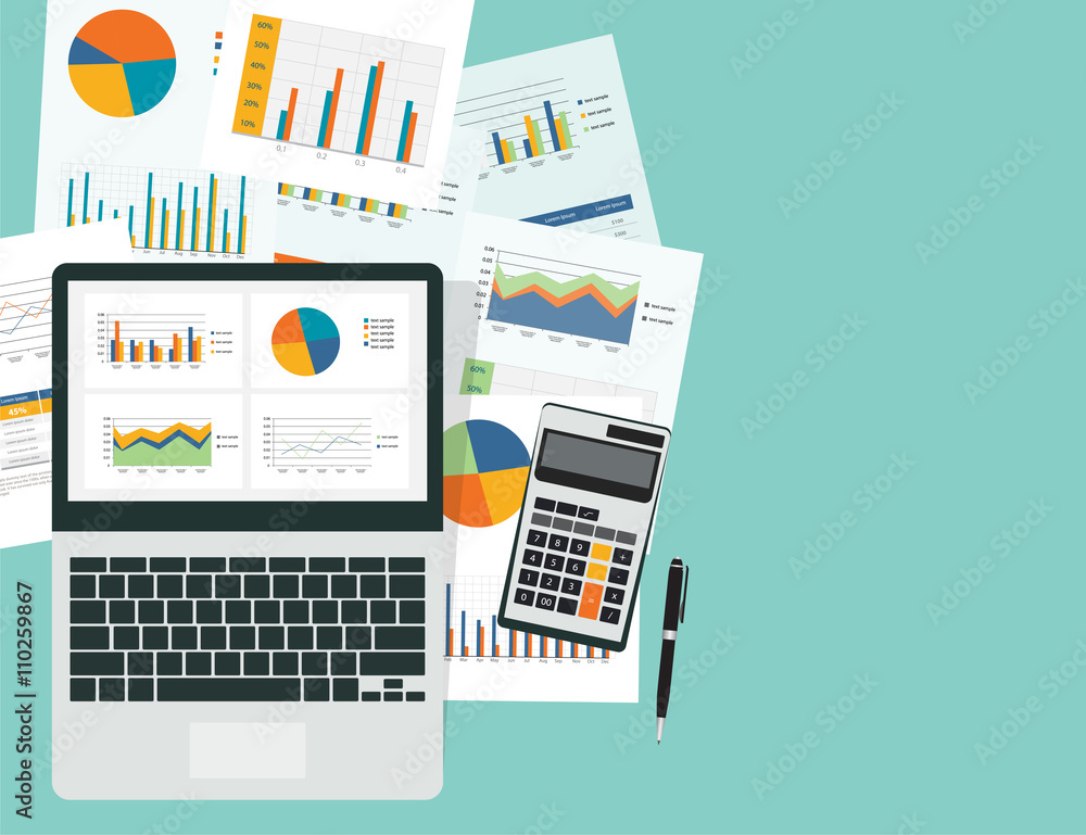 Poster business analytic graph in device with report paper concept .business planning and business investme