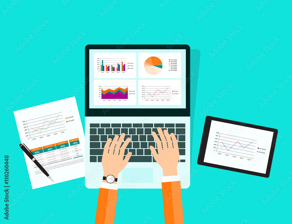 Poster graph in tablet device with report paper concept .business planning and business analytic concept .dashboard monitor.
