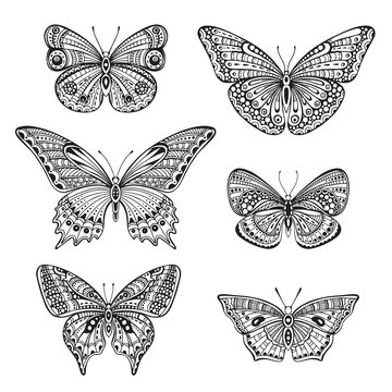 Set of six ornate doodle hand drawn butterflies