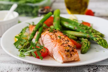 Printed roller blinds Fish Baked salmon garnished with asparagus and tomatoes with herbs
