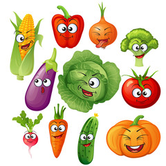 Cartoon vegetable characters. Vegetable emoticons. Cucumber, tomato, broccoli, eggplant, cabbage, peppers, carrots, onions, pumpkin, radish, corn