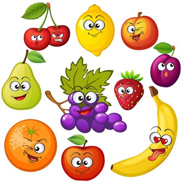 Cartoon fruit characters. Fruit emoticons. Grape, orange, apple, lemon, strawberry, peach, banana, plum, cherry, pear