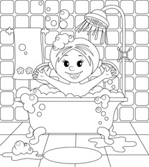 Girl in the bathroom. Black and white vector illustration for coloring book