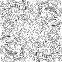 Floral background with hearts. Floral decorative pattern. Adult antistress coloring page. Black and white hand drawn doodle for coloring book