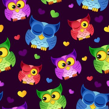 Seamless pattern with owls and hearts