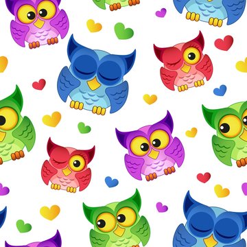 Seamless pattern with cartoon owls and hearts